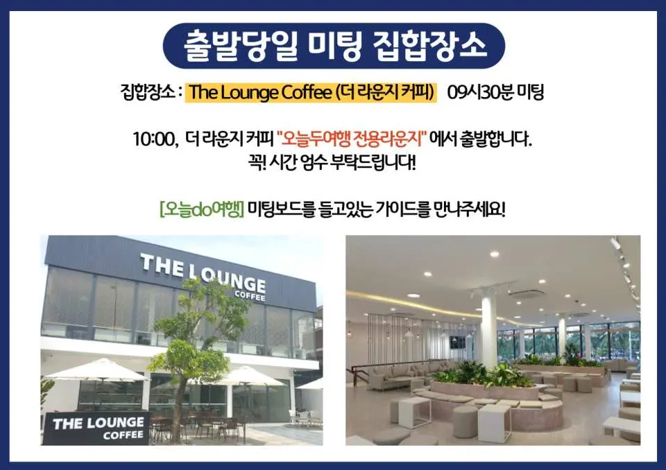 투어 출발 당일 미팅 장소인 '더 라운지 커피'의 외부 및 내부 사진과 함께 상세 정보를 제공하는 한국어 인포그래픽.
