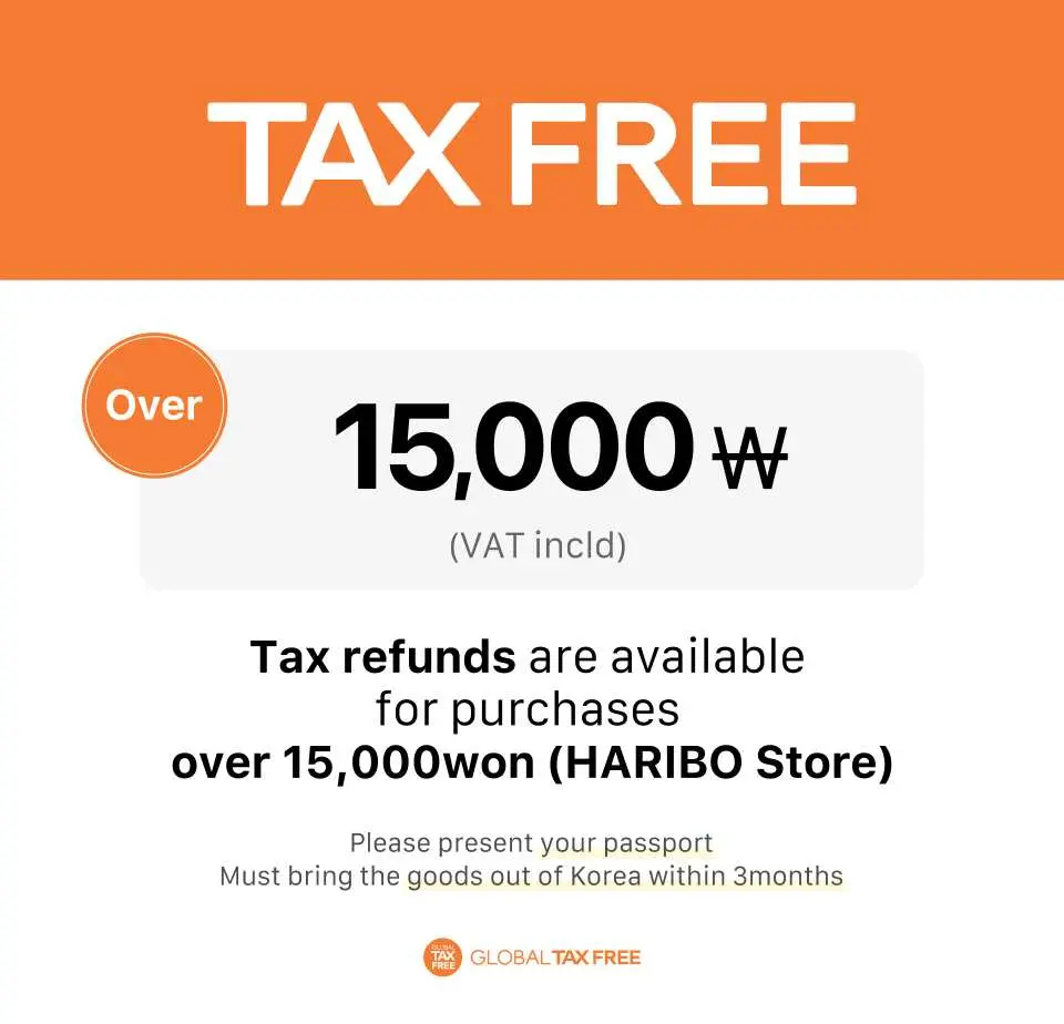 Bảng thông tin miễn thuế tại cửa hàng Haribo Happy World Jeju, cho biết hoàn thuế có sẵn cho các giao dịch mua trên 15.000 Won Hàn Quốc, thuận tiện cho người mua sắm quốc tế.