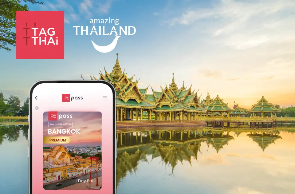 Smartphone displaying the TAGTHAi Bangkok City Pass app, set against the backdrop of an ancient Thai temple complex reflected in a lake at sunset, symbolizing flexible city exploration.