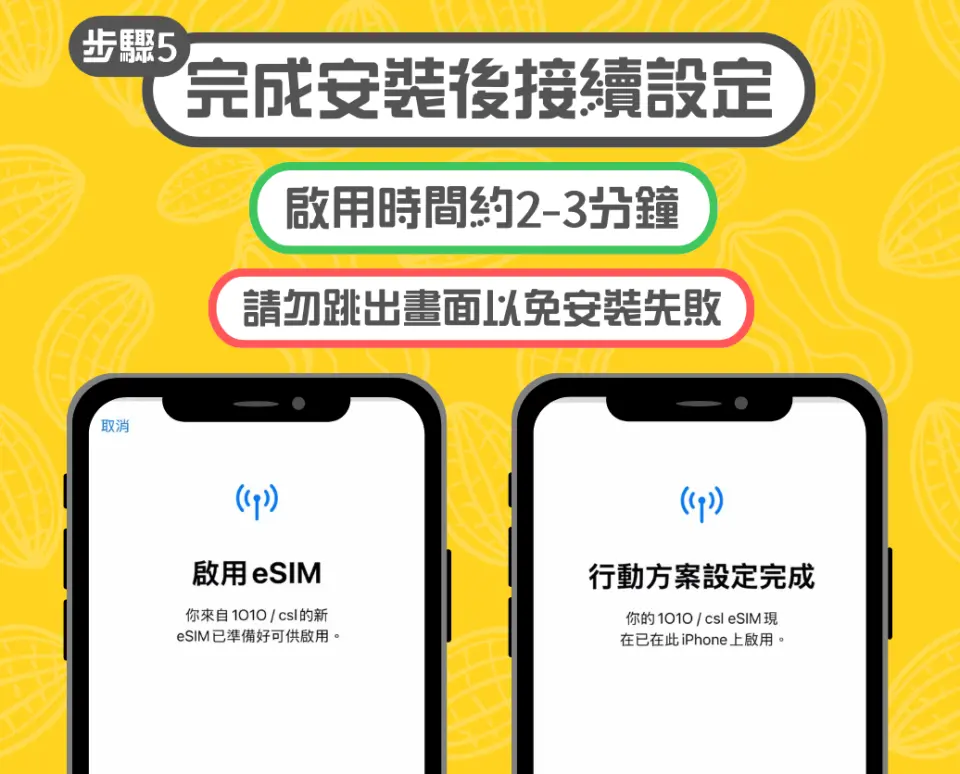 手机屏幕显示中国eSIM卡安装步骤7，英文界面说明默认线路设置，建议将主要号码设为默认用于通话和信息。
