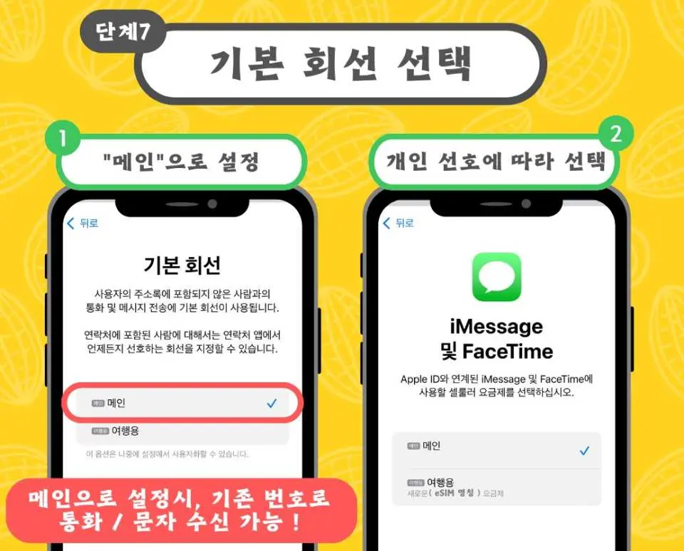 중국 eSIM 설치 6단계 화면. eSIM의 이름을 '여행용'으로 선택하거나 사용자 지정 레이블을 만드는 방법을 안내하는 한국어 지침입니다.
