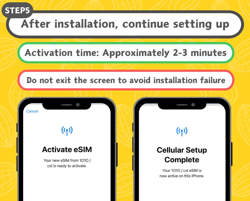 eSIM installation guide Step 5, English interface showing 'After installation, continue setting up', displaying screens for activating the Europe eSIM and confirming cellular setup is complete to quickly activate your unlimited data plan.