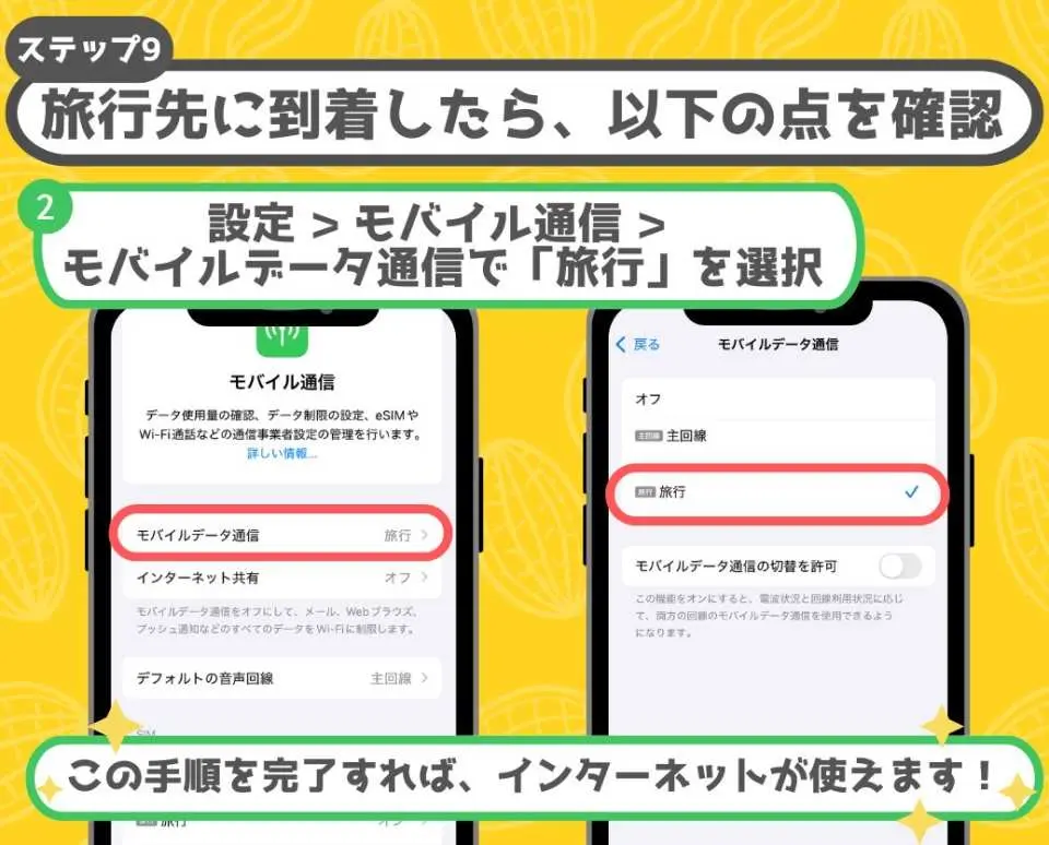 ベトナムeSIMカードのインストール手順9：目的地到着後のモバイルデータ設定確認。「モバイルデータ」で「旅行」を選択してベトナムのインターネットを有効にするようユーザーを誘導します。