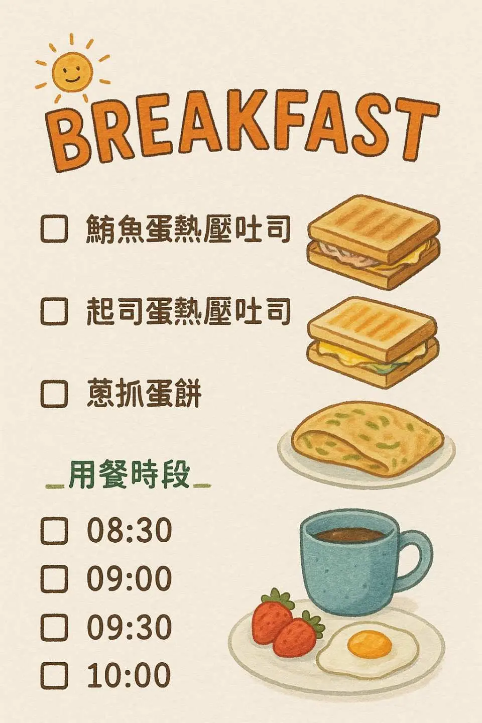 活力早餐
08:30 ~ 10:00