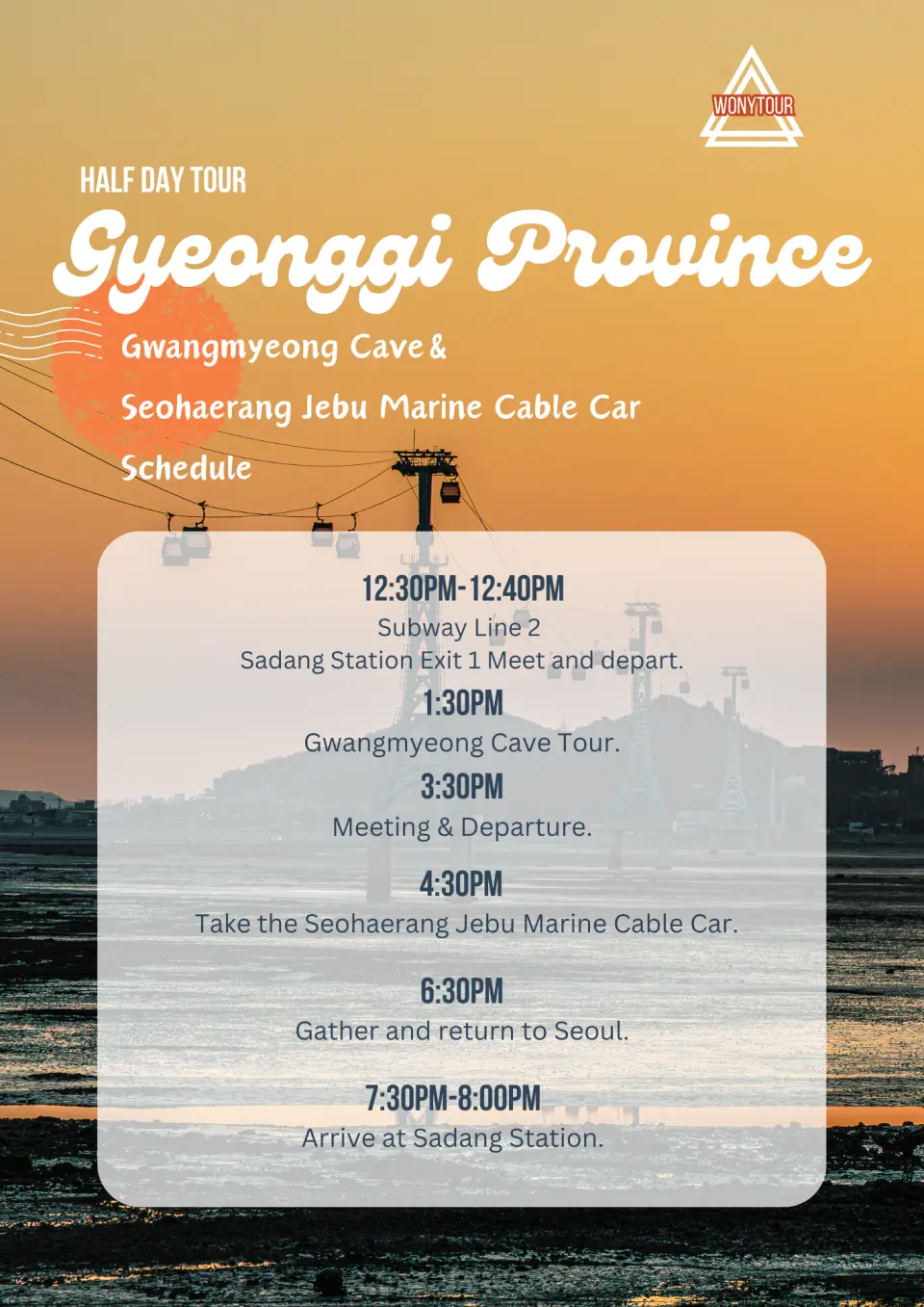Gyeonggi half-day tour English itinerary, detailing the activity times for Gwangmyeong Cave and Jebudo Marine Cable Car, assisting travelers in planning their trip efficiently.