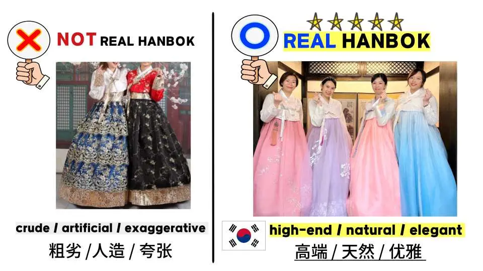对比图展示两种韩服：左侧标注“非真正韩服”的粗俗人造款式，右侧标注“真正韩服”的高端优雅设计，强调HAEON韩服的品质。