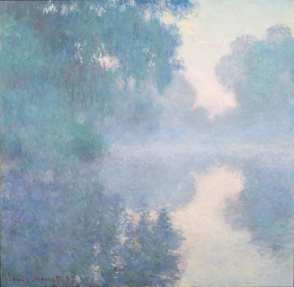 克劳德·莫奈，《吉维尼附近塞纳河支流上的日出》，1897 年，布面油画，巴黎马尔莫坦·莫奈博物馆（由圣让卡弗尔拉罗斯柴尔德故居借出）© 马尔莫坦·莫奈博物馆 / Christian Baraja SLB 工作室