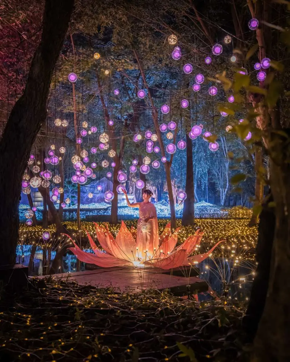 At Nasatta Park Light Festival in Thailand, visitors sit in a giant glowing pink lotus flower on water, surrounded by purple floating light orbs suspended among trees, creating a dreamlike scene.