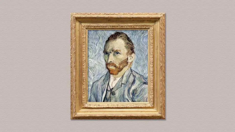 梵谷博物館收藏的《戴灰色氈帽的自畫像》特寫，畫中梵谷凝視前方，眼神深邃，展現其獨特藝術家風采。