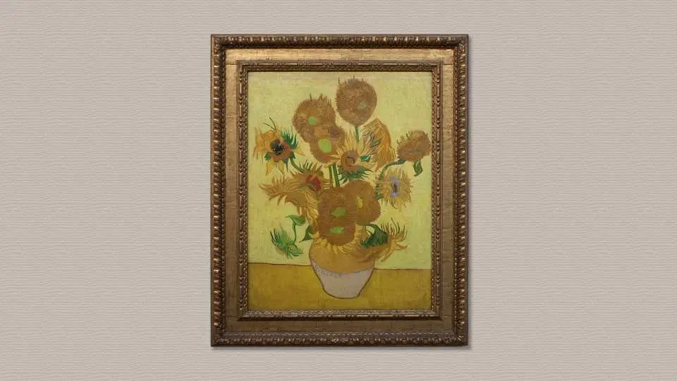 梵谷博物館內，經典名作《花瓶裡的十五朵向日葵》展示，生動描繪多朵盛開向日葵，色彩絢爛奪目，吸引無數藝術愛好者。