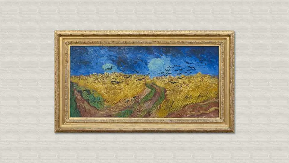 梵谷博物館珍藏名畫《麥田群鴉》，描繪金黃麥田與藍色天空下飛翔的烏鴉，深藍色天空充滿動感與情緒張力。