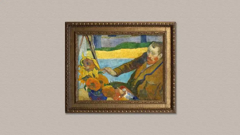 梵谷博物館展出的自畫像，畫家手持調色板，背景有向日葵，捕捉梵谷專注創作的藝術瞬間，展現其繪畫熱情。