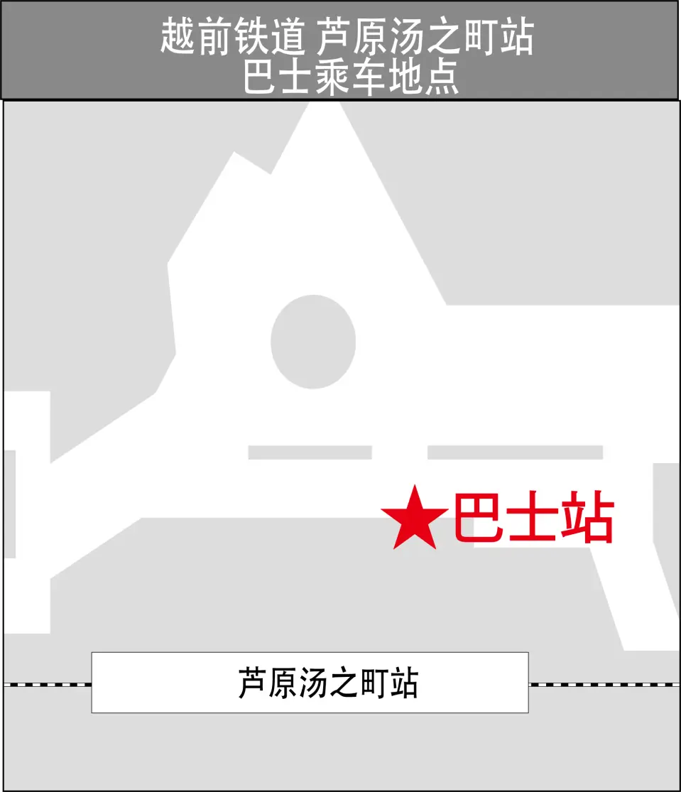 越前铁道芦原汤之町车站的巴士乘车地点地图，标示了清晰的巴士站位置，方便旅客准确找到福井一日游的集合点。