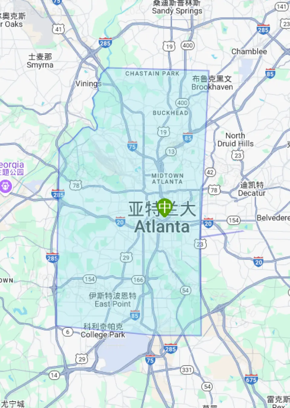 Map of Atlanta highlighting the service area, helping travelers understand the private transfer coverage between Hartsfield-Jackson International Airport and downtown hotels.