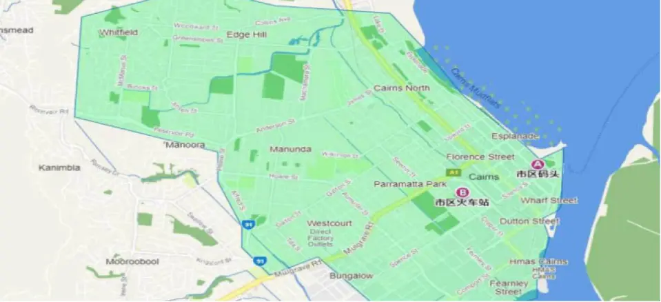 凯恩斯免费接送区域地图，显示酒店与机场接送范围，方便前往库兰达雨林。
