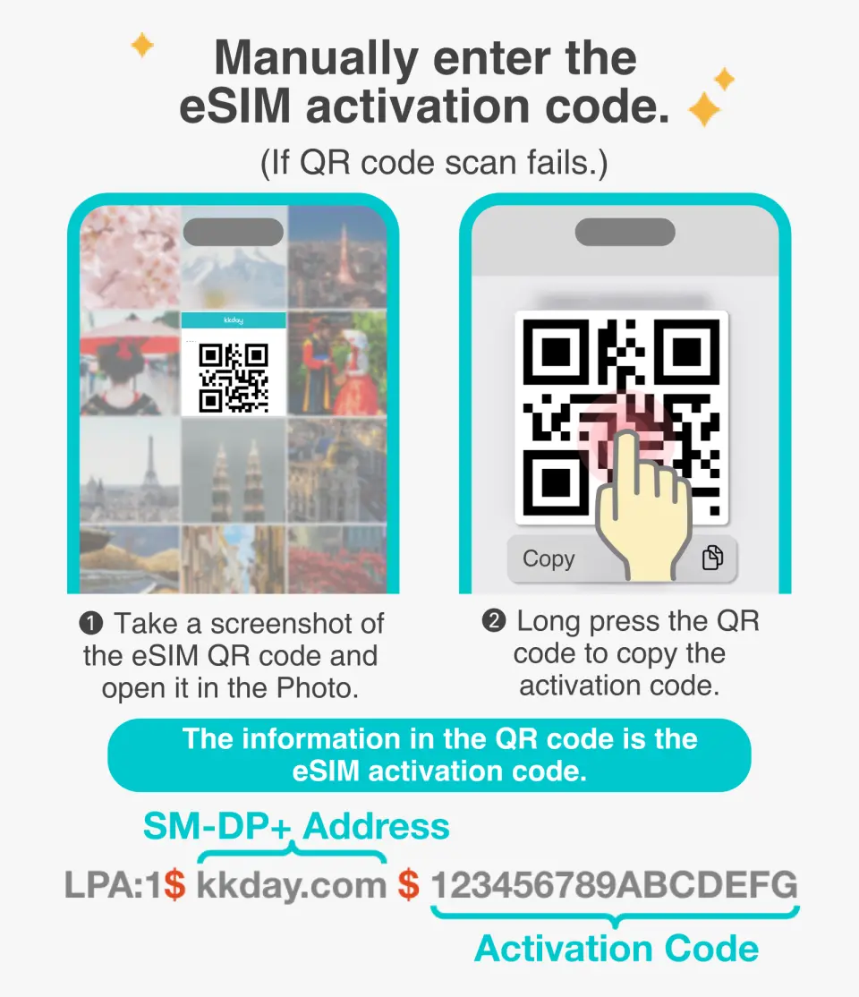 คำแนะนำสำหรับการป้อนรหัสเปิดใช้งาน eSIM ของสหรัฐอเมริกาด้วยตนเอง หากการสแกน QR โค้ดล้มเหลว: ถ่ายภาพหน้าจอ QR โค้ดแล้วกดค้างเพื่อคัดลอกข้อมูลการเปิดใช้งาน จากนั้นติดตั้งด้วยตนเองบนโทรศัพท์เพื่อให้เชื่อมต่อเครือข่ายสหรัฐอเมริกาได้อย่างราบรื่น