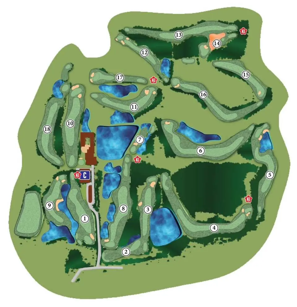 แผนที่โดยละเอียดของสนามกอล์ฟ 18 หลุมระดับโลกของแม่โจ้กอล์ฟคลับ เชียงใหม่ แสดงถึงแฟร์เวย์ กรีน อุปสรรคน้ำ และรูปแบบสนามที่ท้าทาย