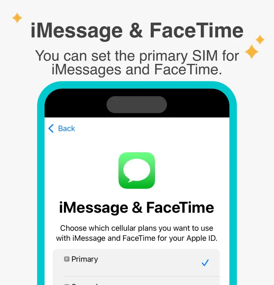 Phone screen showing eSIM settings for iMessage and FaceTime, allowing selection of the primary SIM, ensuring smooth communication while traveling in Vietnam.
