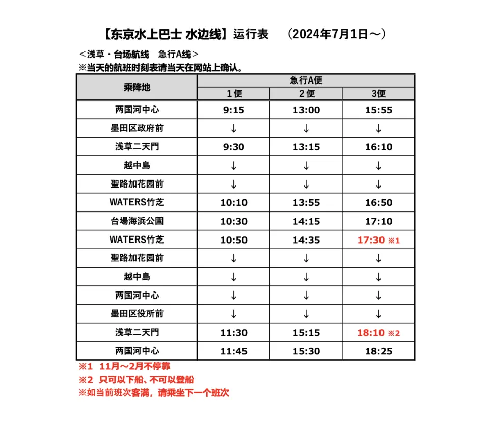 清晰展示东京水上巴士浅草至台场水边线的运行时刻表，标明了各班次发船时间与沿途主要停靠站。