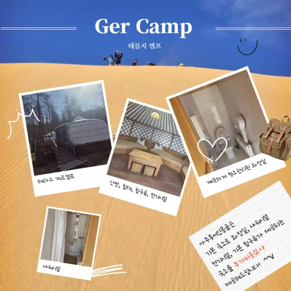 An infographic illustrating the 'Ger Camp' experience in Mongolia, showcasing the traditional Ger tent exterior, comfortable interior, and included bathroom facilities for an authentic overnight stay.