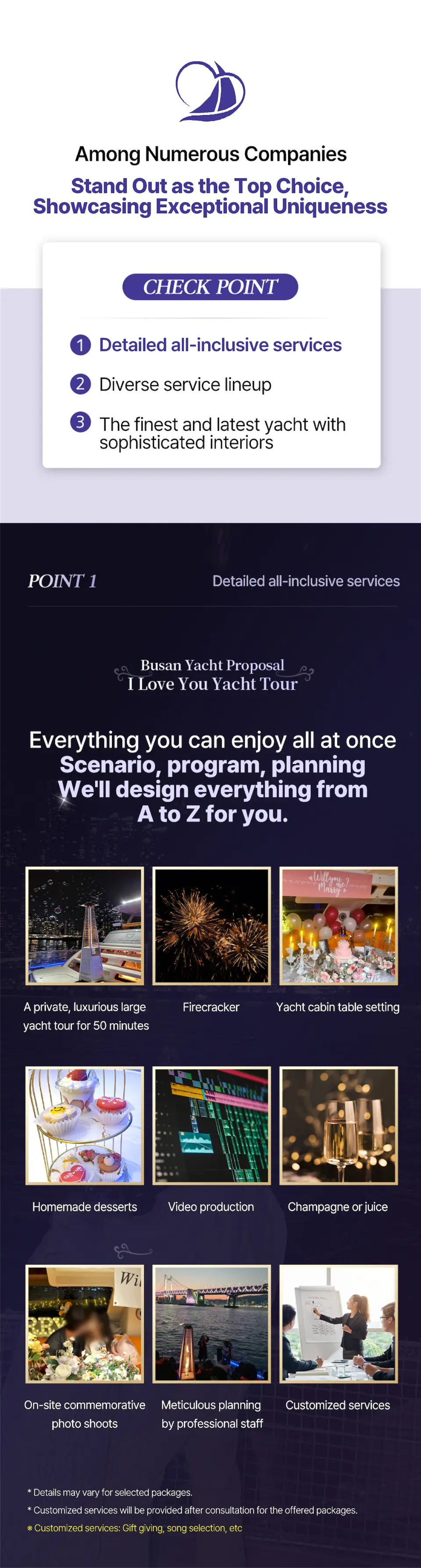 An infographic highlights the unique features of the Busan yacht proposal. It showcases all-inclusive services, professional solutions, and various romantic setup examples like fireworks.