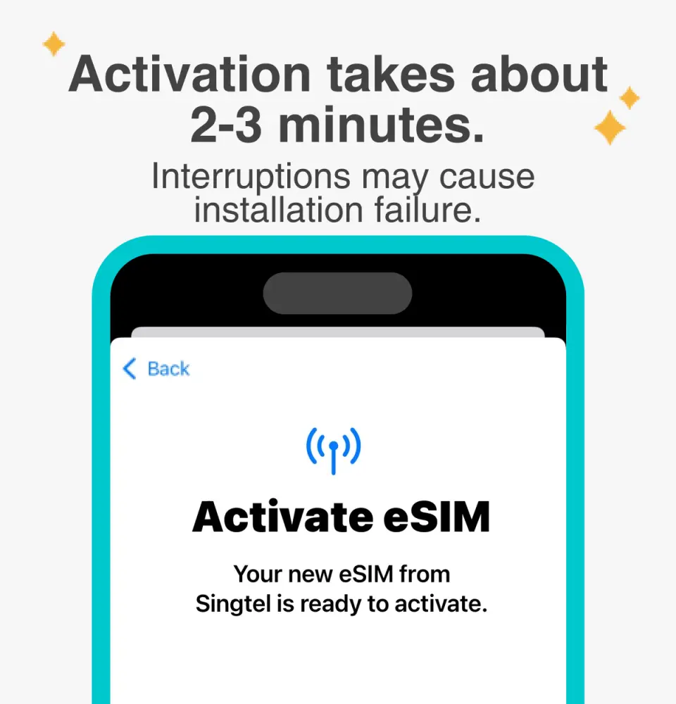 手机屏幕显示“Activate eSIM”界面，说明WhizComms台湾eSIM卡启用过程快速，约2-3分钟即可完成。