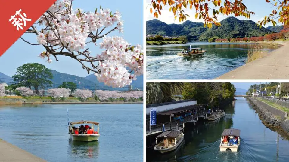 Hagi City's natural scenery and water activities: visitors enjoy river cruises admiring cherry blossoms and lush mountains, experiencing leisurely tours and waterside charm.