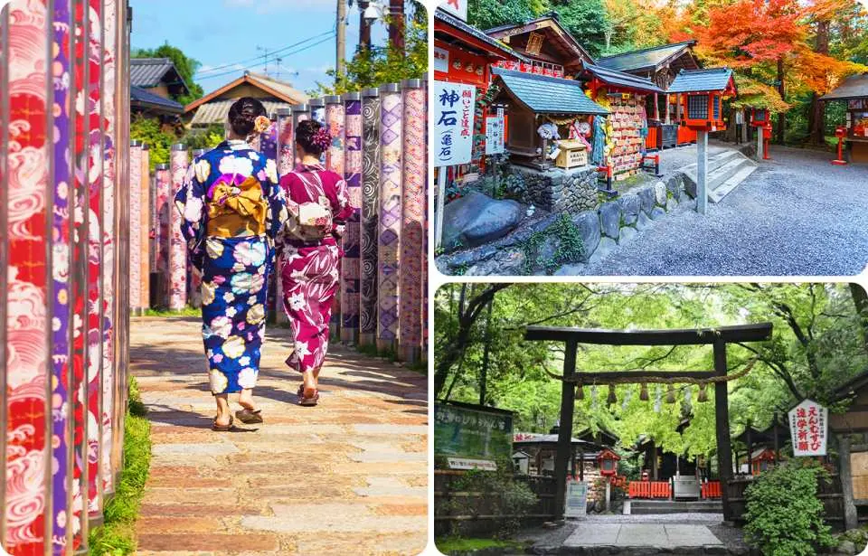 野宮神社與嵐山周邊風光拼貼圖，包含穿和服的遊客、秋色點綴的紅色神社建築，以及古樸的黑木鳥居，呈現豐富的京都文化體驗。