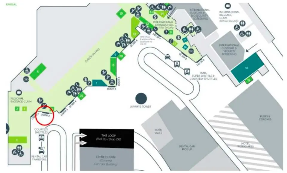 จุดขึ้นรถ: ออกจากสนามบินประตูทางออก 2 และเดินตามป้ายบอกทางไปยังจุดขึ้นรถรับส่ง