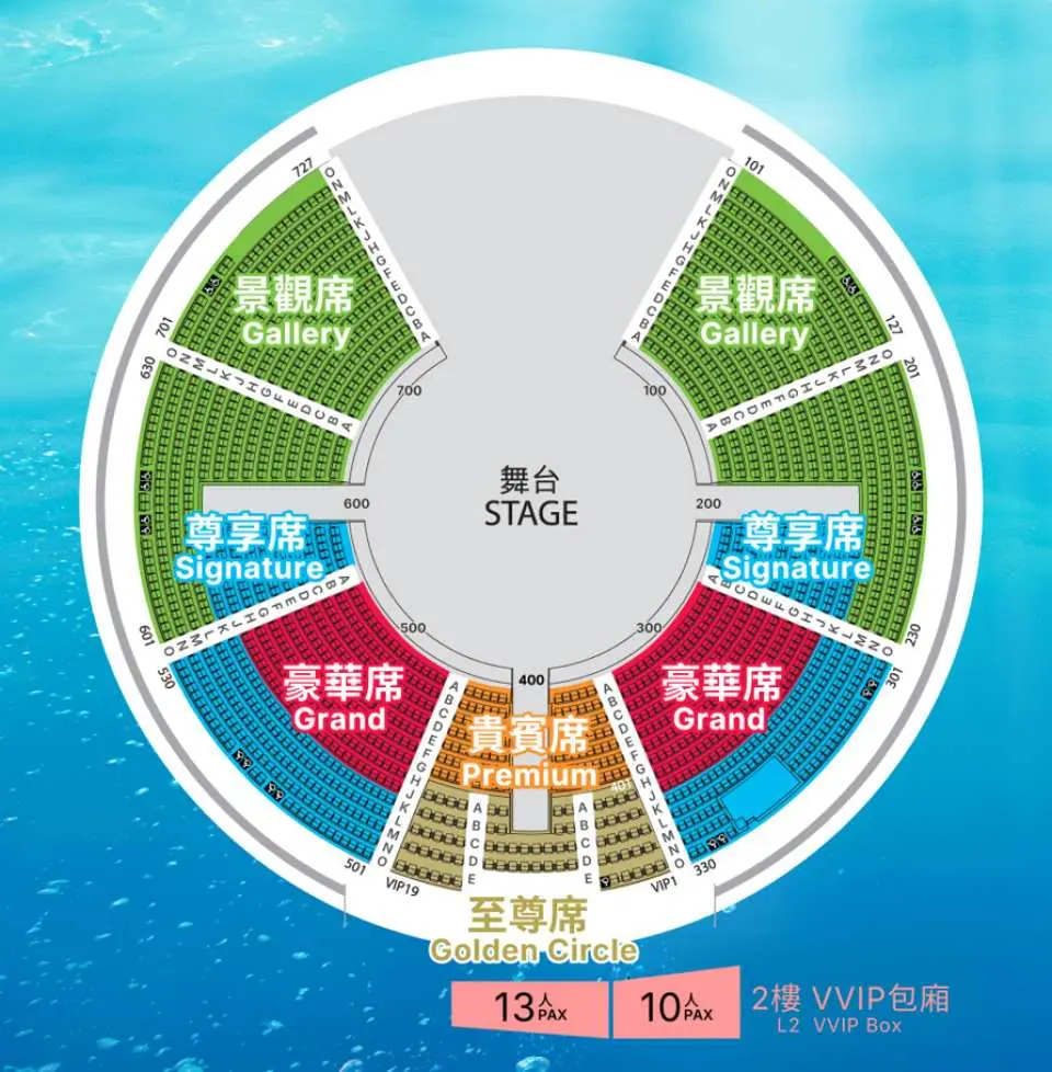 澳門新濠天地《水舞間》劇場圓形座位表，清晰展示景觀席、尊享席、豪華席等不同票價區域，方便選擇理想位置。
