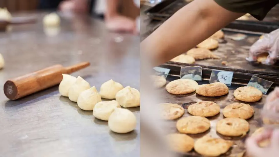 台中九個太陽DIY課程的製作環節，左側為待烘烤的麵團，右側為烘烤完成的金黃太陽餅或鳳梨酥，展現手作魅力。
