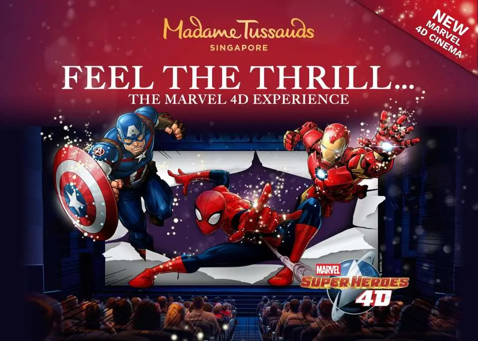 Promotional image for Madame Tussauds Singapore's Marvel 4D Experience, featuring Captain America, Spider-Man, and Iron Man dramatically bursting through a cinema screen, promising thrilling superhero action.