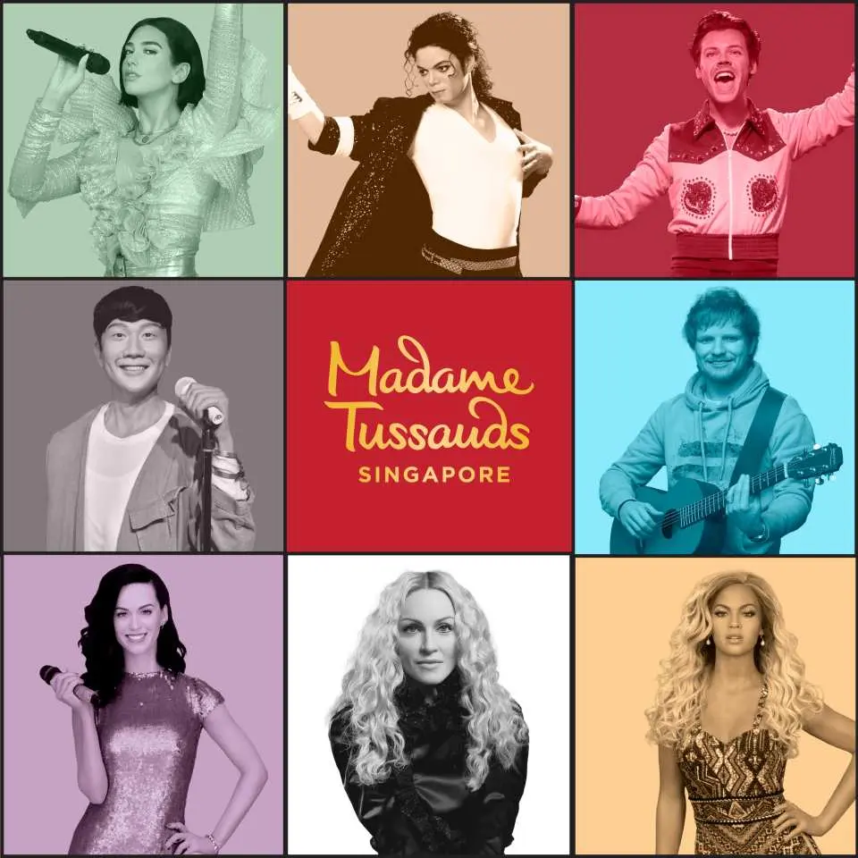 A promotional collage from Madame Tussauds Singapore showcasing nine diverse international celebrity wax figures like Dua Lipa, Michael Jackson, and JJ Lin, highlighting the wide range of immersive star encounters available.