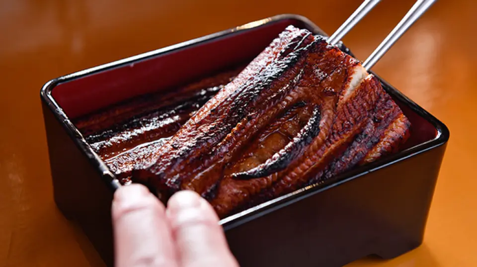 ปลาไหลที่เสิร์ฟมาได้รับการเลี้ยงด้วยอาหารและสภาพแวดล้อมที่ไม่เหมือนใคร ซึ่งทำให้ปลามีไขมันในปริมาณที่มากเป็นพิเศษ ปลาไหลได้รับการเลี้ยงในน้ำด้วยความเอาใจใส่เป็นพิเศษ ซึ่งหมายความว่าปลาจะไม่มีกลิ่นที่ไม่พึงประสงค์ ปลาไหลจะนึ่งตามแบบคันโต และผ่านกระบวนการทำให้เป็นสีน้ำตาลอย่างเหมาะสม ทำให้ปลามีผิวด้านนอกที่กรอบและเนื้อด้านในที่นุ่มฟู ข้าวขาวที่แน่นและซอสโฮมเมดรสหวานมีความสมดุลกันอย่างลงตัว และปลาไหลยังดีต่อสุขภาพและความงามอีกด้วย เนื่องจากมีสารอาหารต่างๆ เช่น วิตามินบี 1 และเอ ดีเอชเอ และอีพีเอ โปรดเพลิดเพลินกับปลาไหลอย่างเต็มที่