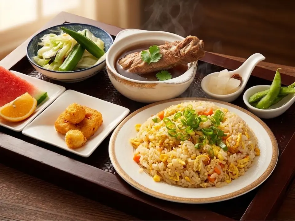 Premium Lunch Set Menu Contents | Main Course (Choose one): Golden Egg Fried Rice or Delicious Fried Instant Noodles