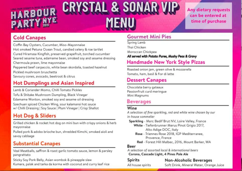 Menu for Crystal Palace VIP Experience and Sonar VIP Experience (for reference only)