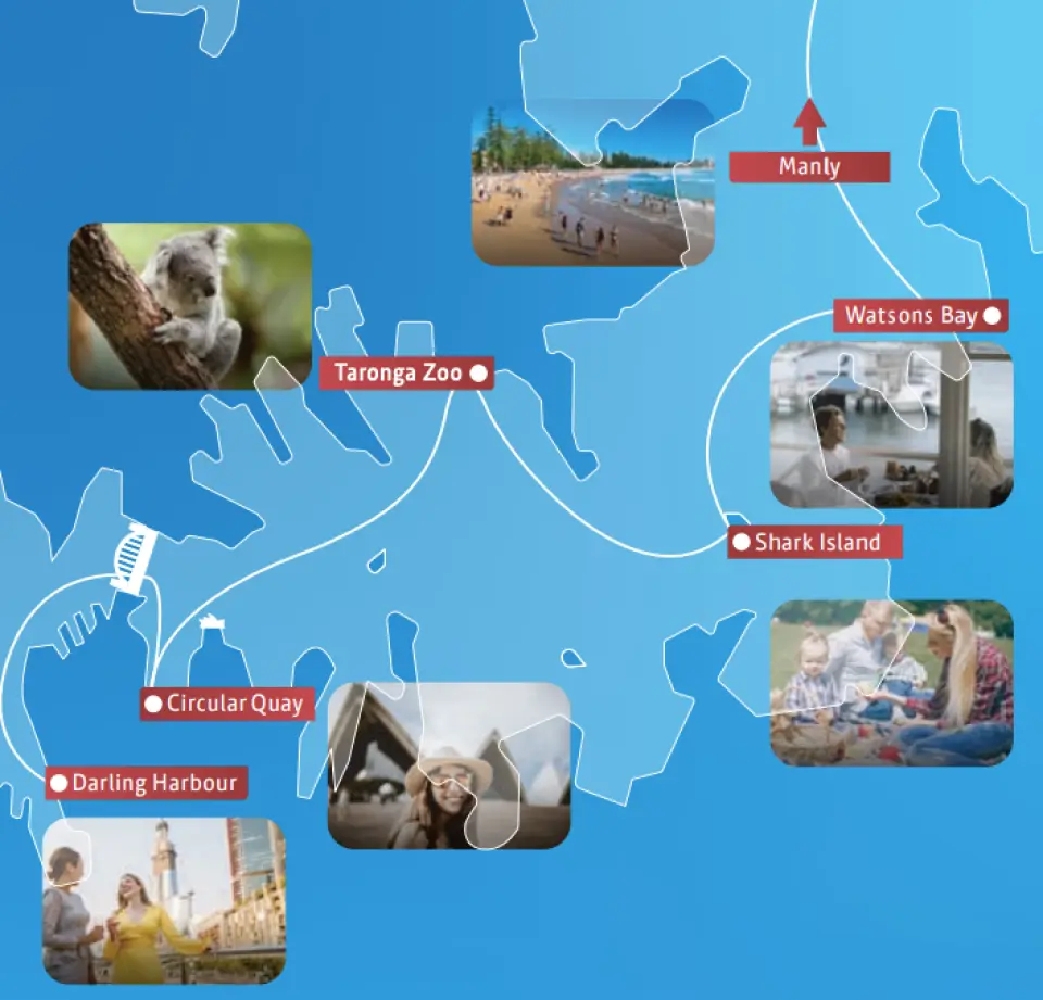 A detailed map illustrating the Sydney Harbour hop-on hop-off cruise route, clearly marking key stops like Taronga Zoo, Manly, Watsons Bay, and Circular Quay.