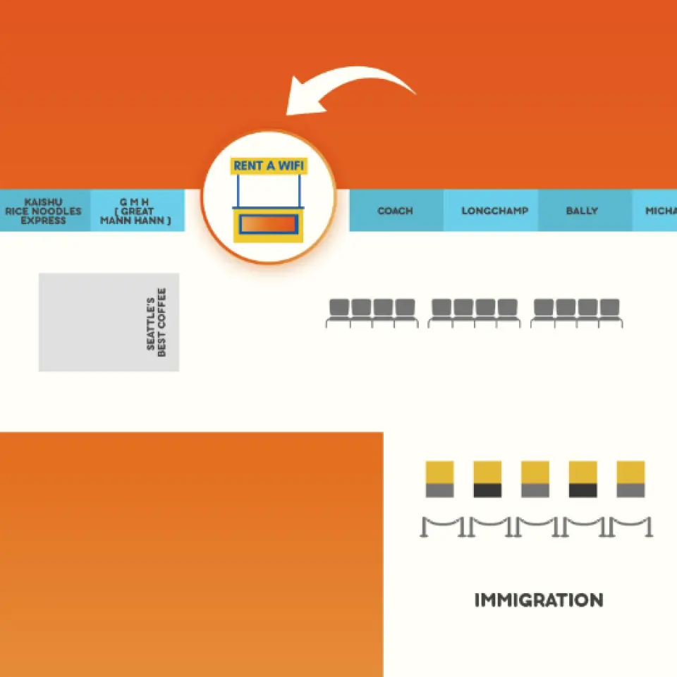 A detailed airport map of Manila, highlighting the 'RENT A WIFI' counter location to guide travelers to the convenient pick-up point for their Thailand portable Wi-Fi device.