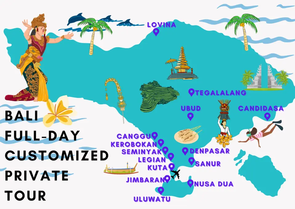 バリ島貸し切り一日ツアーの地図。ウブド、テガララン棚田、ウルワツなどの主要観光スポットが示されており、豊かな文化と自然探索ルートを紹介しています。