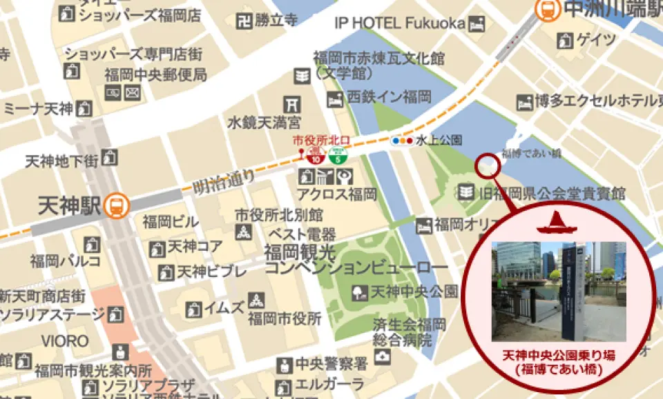 福岡水上巴士的詳細地圖，圈出天神中央公園乘船處與周邊地標，方便遊客規劃行程。