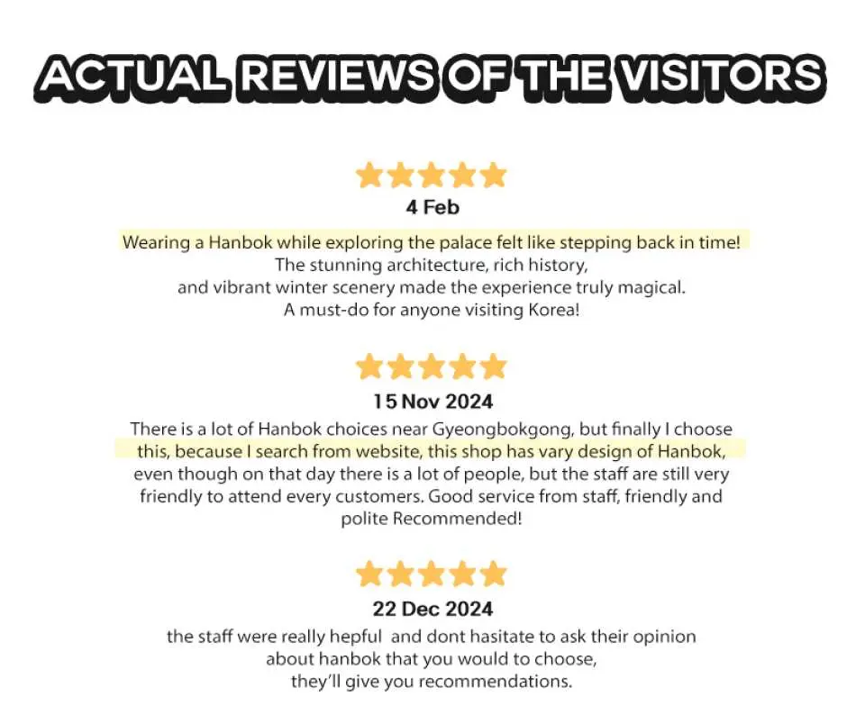 Image showing actual visitor reviews and 5-star ratings for the Hanboknam Changdeokgung store, highlighting positive experiences with Hanbok rental and photography services in Seoul.