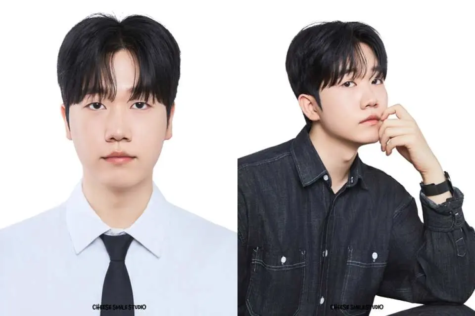 Seoul's professional Korean style ID and personal profile photo service, contrasting a man's standard ID photo with a casual portrait, highlighting versatile options.