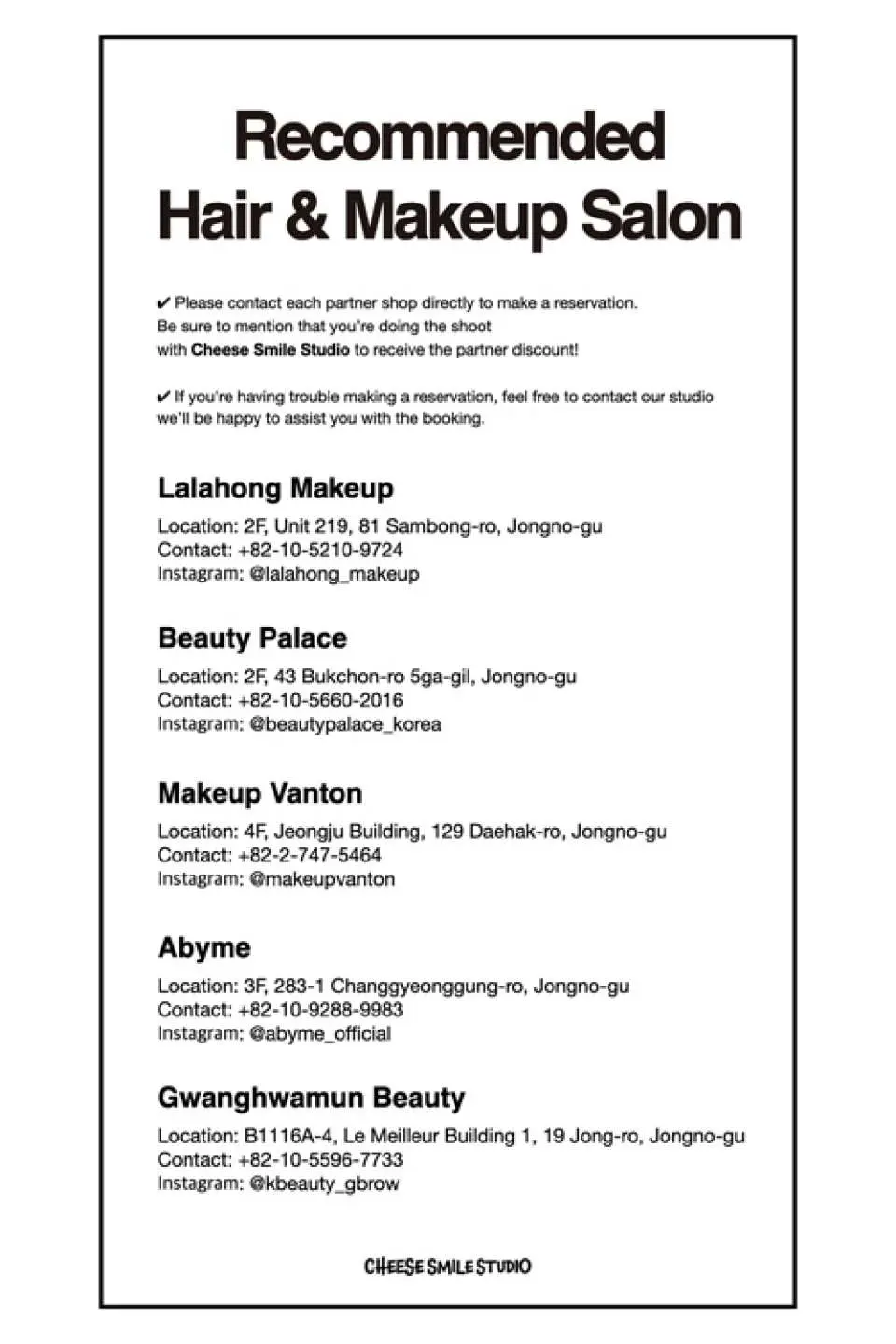 List of recommended hair and makeup salons for Seoul's Korean style ID photo service, detailing professional studios' contact information for customer convenience and preparation.