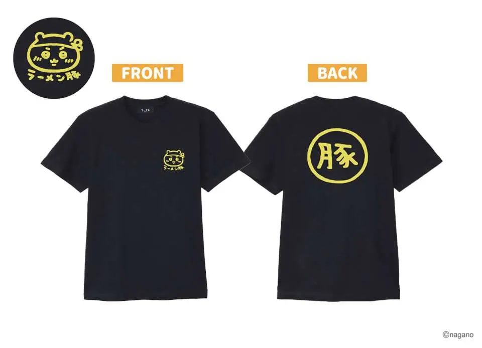 An exclusive black Chiikawa Ramen Buta T-shirt, featuring the character logo on the front and the 'Buta' design on the back, available for purchase in Nagoya.