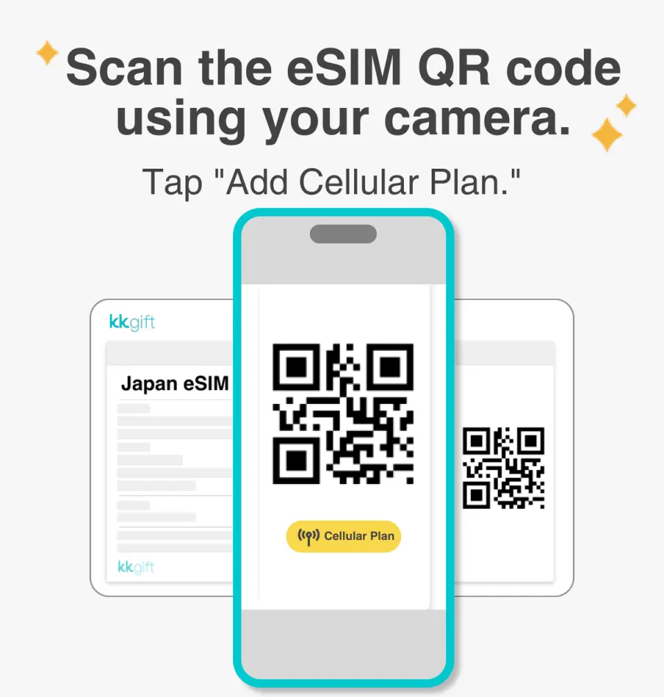 手機螢幕顯示日本 eSIM QR 碼，指導旅客透過相機掃描並點擊「加入行動方案」，輕鬆完成 eSIM 設定並立即享受網路。