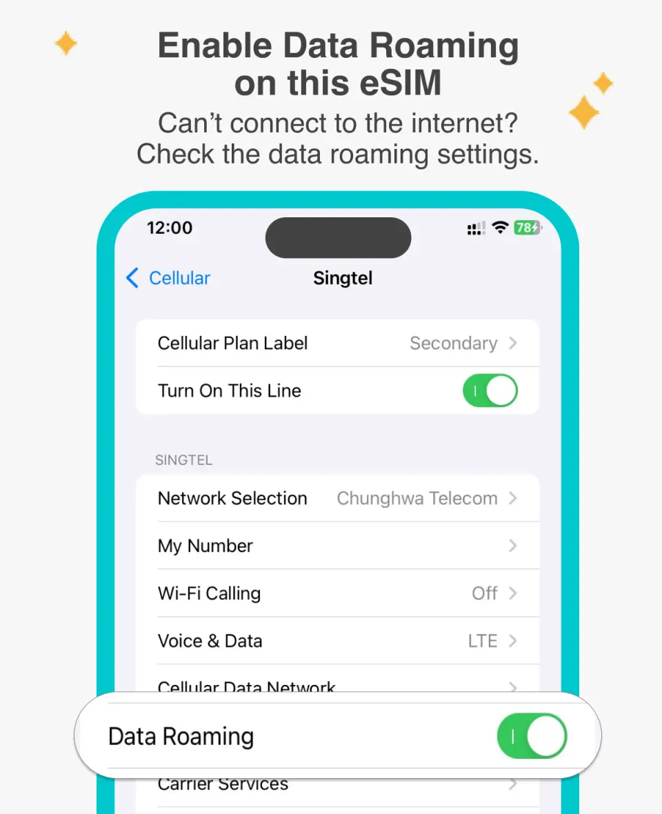 中港澳 eSIM 开启数据漫游教学图，手机画面显示蜂窝数据设置，提醒用户确保数据漫游已启用以联网。