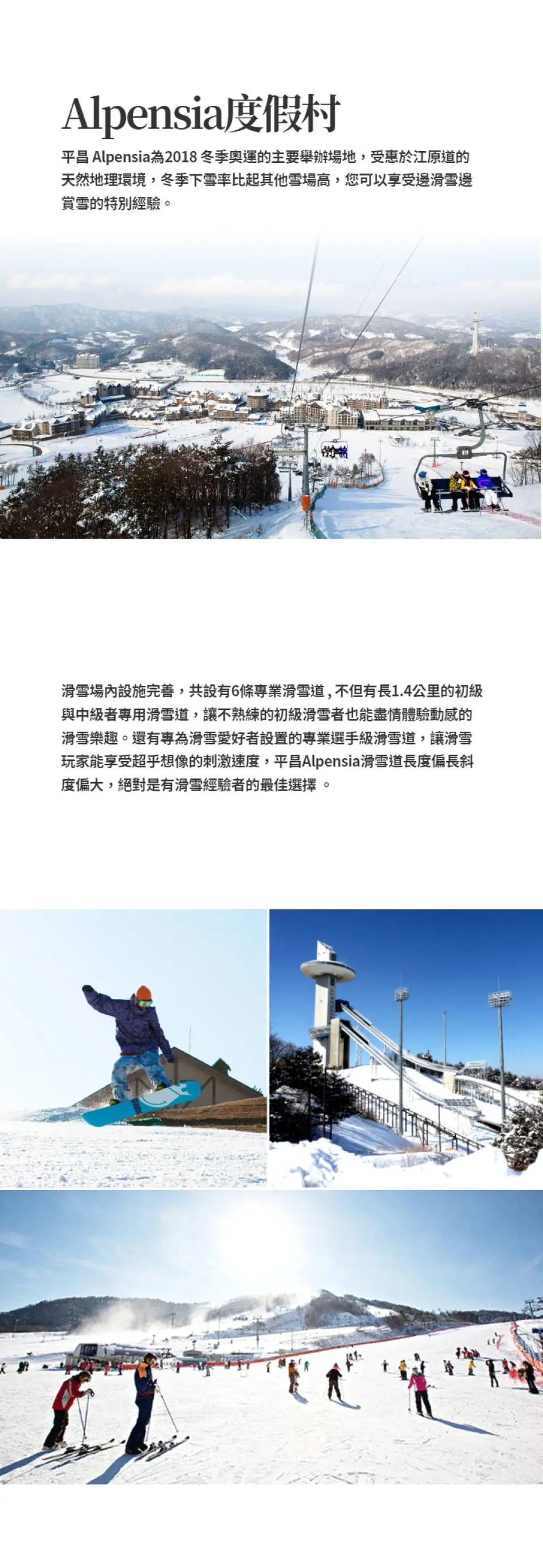 平昌Alpensia度假村多图拼贴，展示冬季雪景、滑雪场上的滑雪者以及壮观的跳台滑雪设施，凸显度假村多元冬季活动。