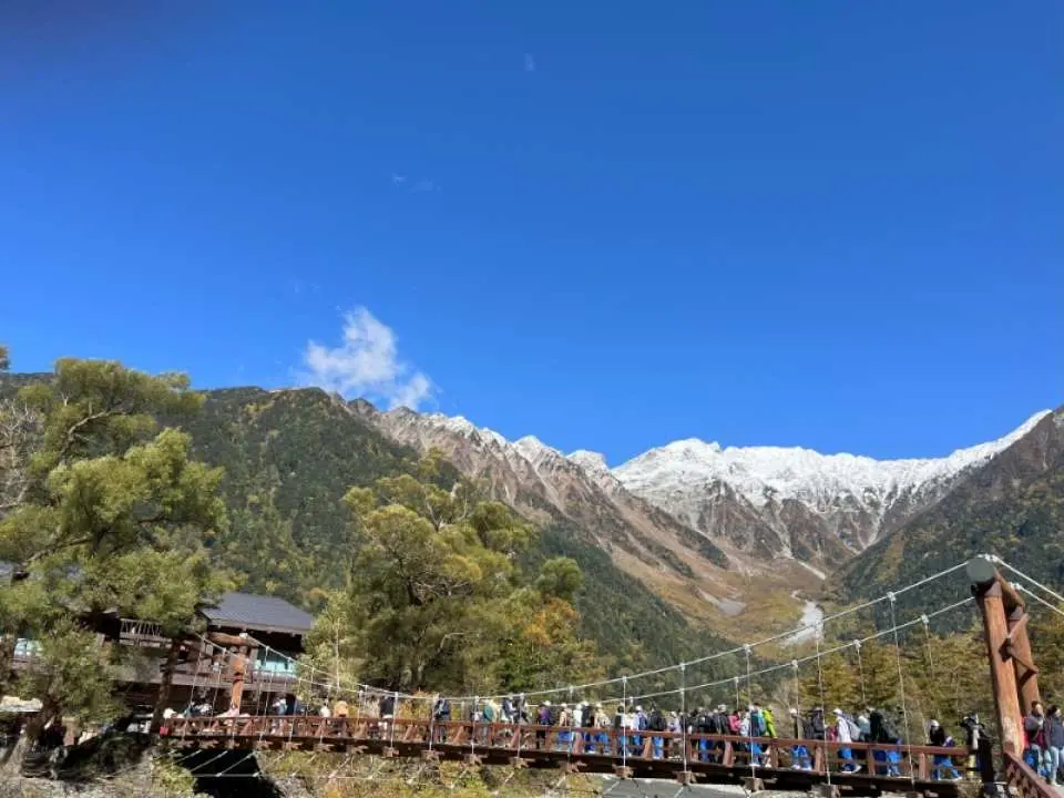 河童橋是上高地的地標，一座木製吊橋，橫跨梓川，周邊有餐廳、紀念品店等設施，也是許多遊客拍照留念的熱門景點。站在橋上，可以欣賞到穗高連峰和岳澤溪谷的壯麗景色，以及清澈的梓川。此外，河童橋也因小說《河童》而聲名大噪。從巴士中心步行5分鐘即到。