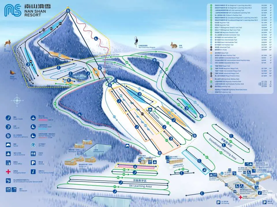 A comprehensive trail map of Beijing Nanshan Ski Resort, clearly showing beginner, intermediate, and advanced ski slopes, along with lift routes and various facilities for easy navigation.