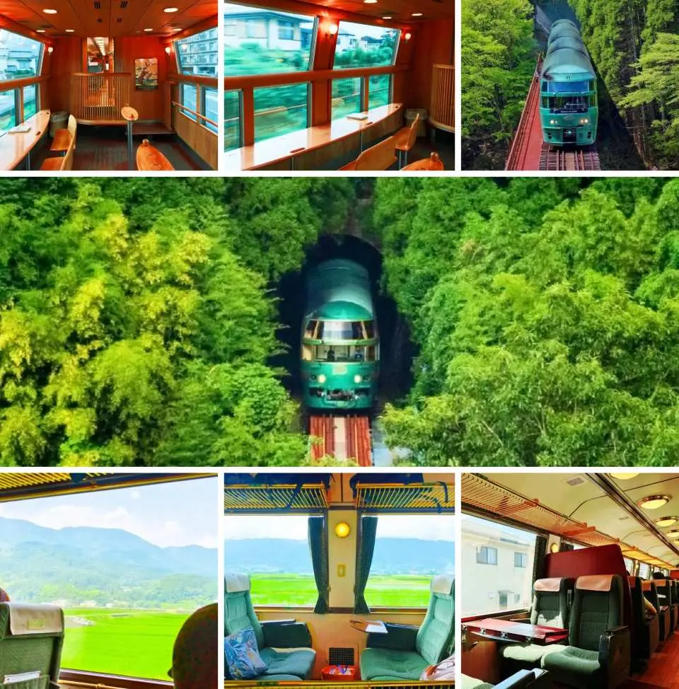 由布院の森観光列車の多角的なコラージュ画像。九州の緑豊かな森を駆け抜ける列車と、広々とした快適な座席、パノラマビューの窓を備えた車内が描かれており、乗客が鉄道の景色を存分に楽しめる様子を表しています。